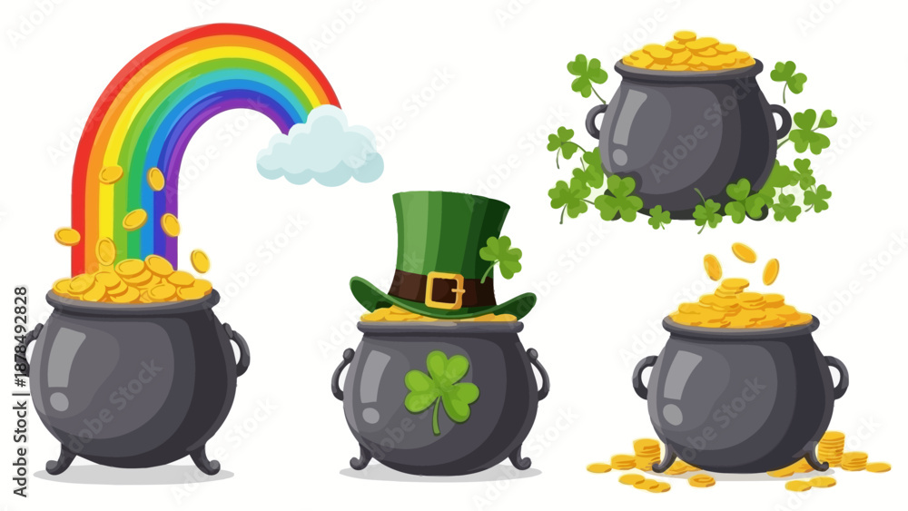 Fototapeta premium Lucky St. Patrick's Day Theme: Pots of Gold, Rainbow, and Leprechaun Hat with Shamrocks