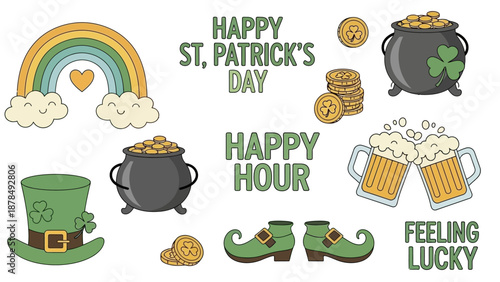 Saint Patrick's Day graphic elements: rainbow, pot of gold, hat, and beer mugs