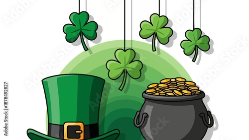 Saint Patrick's Day symbols: green hat, pot of gold, and shamrocks hanging by strings