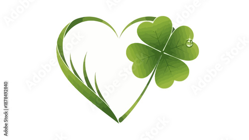 Green Heart Shape with Four-Leaf Clover and Dewdrop, Symbol of Luck and Love