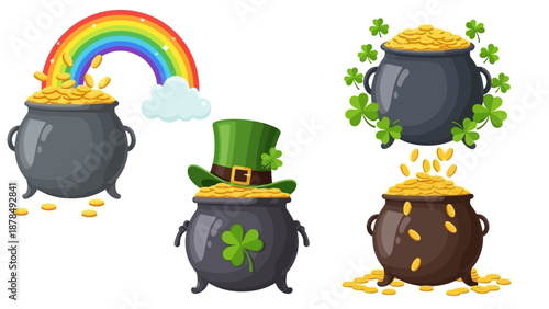 St. Patrick's Day lucky pots of gold, rainbow, and shamrock elements