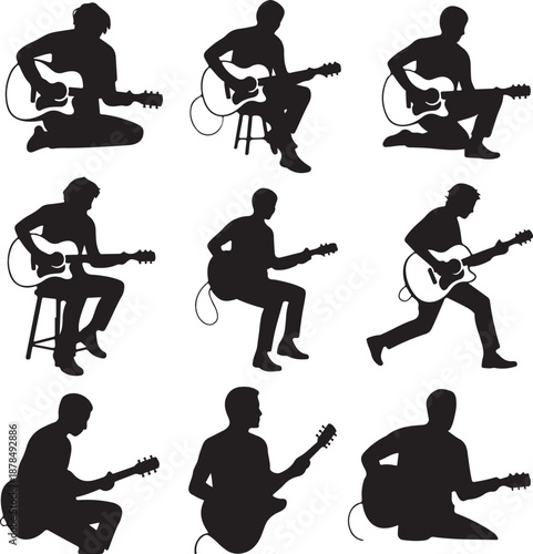 silhouettes of people playing guitars in various poses and positions