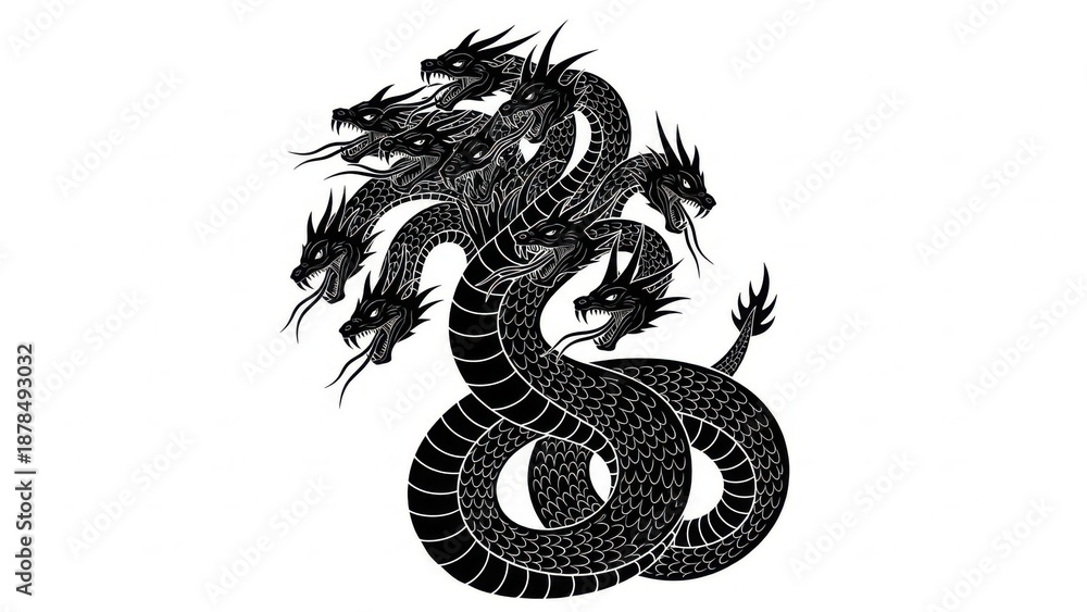 Fototapeta premium Multiple Headed Hydra Silhouette Vector for Mythical Creature Design and Fantasy Gaming