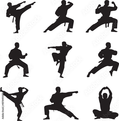 Silhouettes of people practicing various martial arts poses and movements