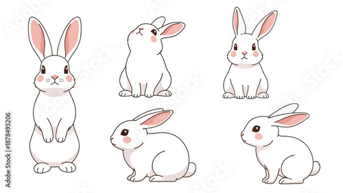 Collection of Adorable White Rabbits in Various Cute Poses, Cute Cartoon Style