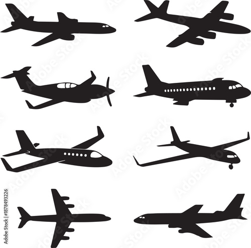 Silhouettes of various airplanes and jets in flight  multiple planes shown