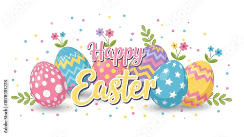 Happy Easter Eggs and Flowers, Festive Celebration Greeting Card Design