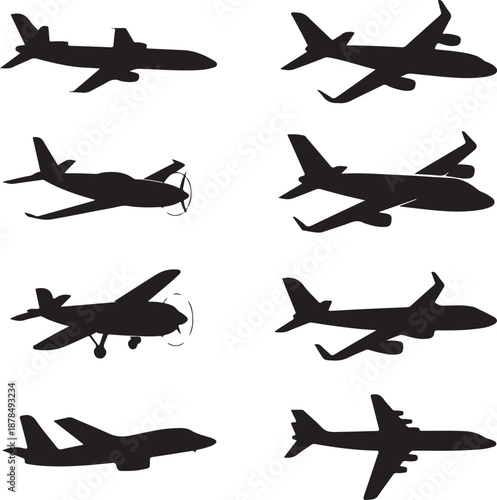 Silhouettes of various airplanes in different flying positions and speeds