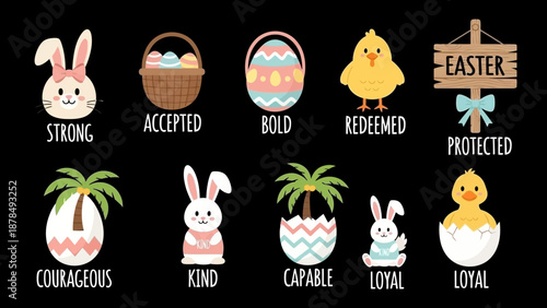 Easter Theme Icons with Positive Affirmations and Cute Animals
