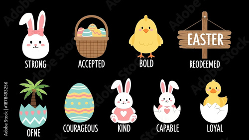 Cute Easter Animals and Eggs with Positive Words, Flat Vector Illustration