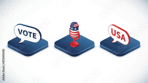 Isometric 3D Icons: Vote, Microphone with US Flag, and USA Speech Bubble