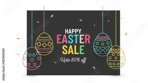 Happy Easter Sale Promotion with Colorful Eggs and Confetti on Dark Background