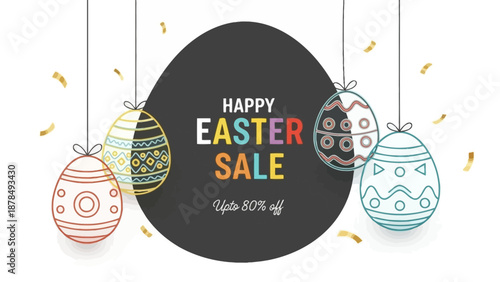 Happy Easter Sale Illustration with Decorative Hanging Eggs and Gold Confetti