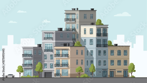 Modern Apartment Buildings Cityscape with Trees and Car.