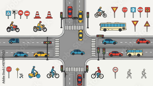 Busy City Intersection With Traffic Signals Cars Buses and Pedestrians.