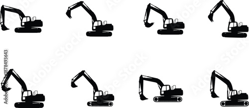 Excavator silhouettes collection, heavy construction machinery icons isolated on white background, industrial engineering equipment set for building mining projects