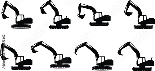 Excavator silhouettes collection, heavy construction machinery set isolated on white background, industrial engineering equipment icons for building projects worldwide commercial