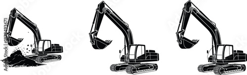 Excavator silhouettes set, heavy construction machinery illustration isolated on white background, industrial engineering equipment for building mining projects usage worldwide