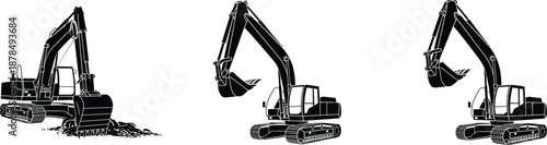 Excavator silhouettes set, heavy construction machinery illustration isolated on white background, industrial engineering equipment for building mining projects worldwide usage
