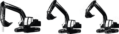 Excavator silhouettes set, heavy construction machinery illustration isolated on white background, industrial equipment concept for engineering projects worldwide commercial usage