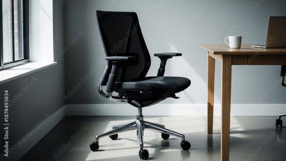 Fototapeta premium Modern office scene with a chair, desk, window, and minimal items