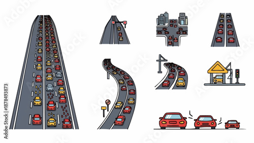 Collection of Traffic Jam Illustrations and Road Scenes.