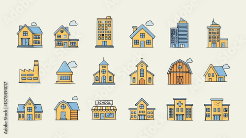 Collection of diverse building icons in a flat design style.