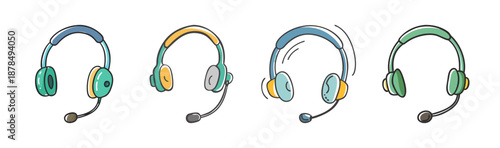 Four cartoon-style telephone headsets with microphones in various colors.