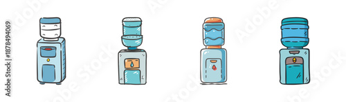 Set of four cartoon water coolers with water bottles, hand-drawn illustration.