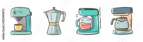 Various hand-drawn coffee makers and moka pots, vector icons