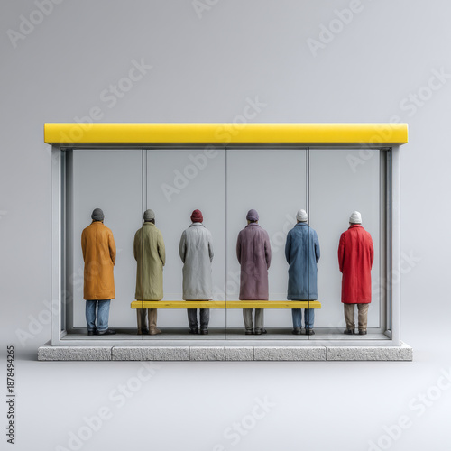 People in colorful coats waiting at minimalist bus stop
