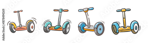 Collection of four hand-drawn electric scooters in various colors