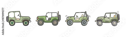 Four green military-style jeeps in different views