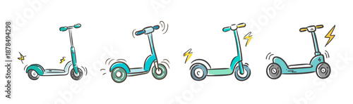 Set of four hand-drawn electric scooters with lightning bolt accents