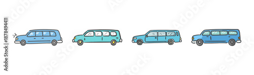 Collection of four blue limousines in a row, vector illustration