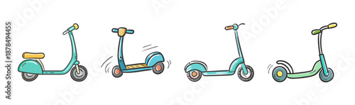 Collection of four colorful cartoon scooters on a white background