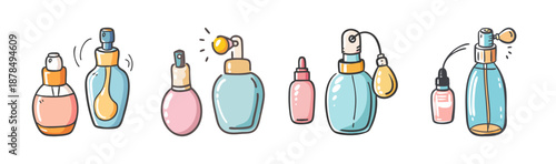 Assortment of vintage and modern perfume atomizers and bottles, hand-drawn style.