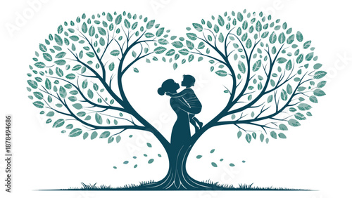 Loving mother holding baby under heart shaped tree
