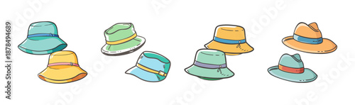 Assortment of colorful hand-drawn bucket hats and fedoras for summer