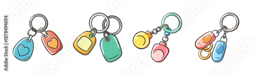 Set of four colorful hand-drawn keychains with tags and charms