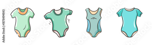 Collection of cute baby bodysuits in pastel colors, vector illustration.