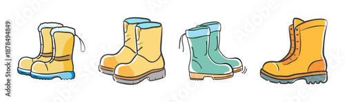 Assortment of winter boots in different styles and colors, vector illustration.