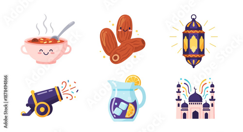 Ramadan icons set including dates and lanterns.