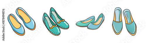 Collection of four pairs of light blue ballet flats for women.