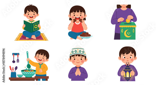 Cartoon illustrations of Muslim children and adults practicing Ramadan and Islamic traditions.