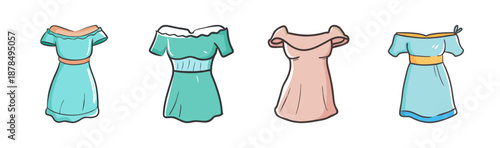 Collection of four cute off-shoulder dresses in pastel colors