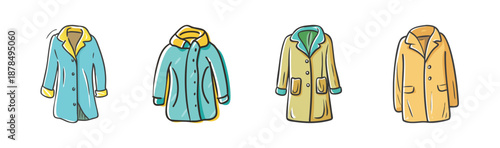 Assorted hand-drawn coats and jackets, vector fashion icons