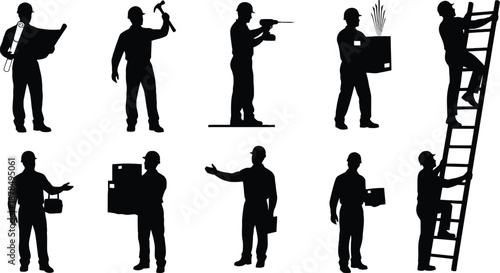 A set of black silhouettes depicting workers in different positions and activities, including climbing a ladder, holding tools and briefcases, on a background