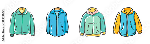 Assortment of four stylish jackets and coats, hand-drawn vector art