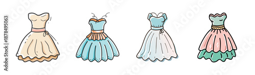 Four elegant cartoon tulle dresses in pastel colors